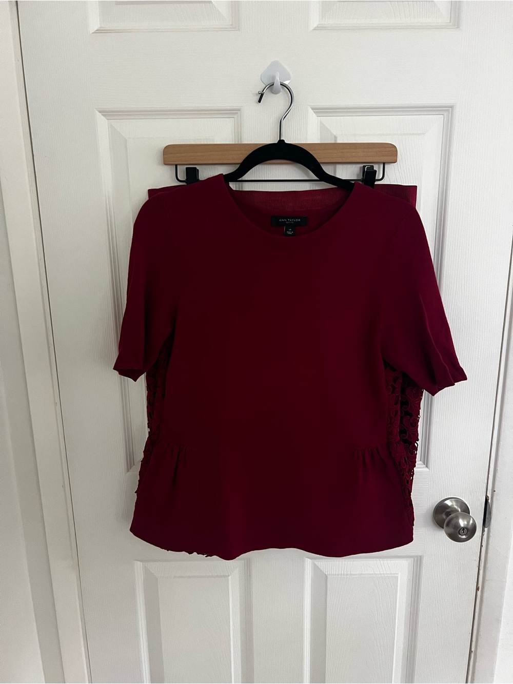 Ann Taylor Deep Burgundy Short Sleeve Lace-Panel  Top Set with Midi Skirt